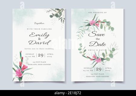 Hochzeitseinladungsvorlage mit Gladiorusblüte und Eukalyptusblättern, Aquarellhintergrund Stock Vektor