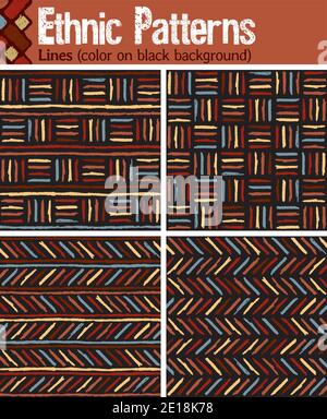 4 nahtlose Muster für Illustrator im Tribal-Stil, aus handgezeichneten Zeichnungen. Stock Vektor