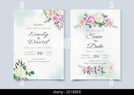 Kartensatz mit Blumenrose, Blätter. Hochzeitsset mit Blumenrose, Blättern und Aquarell Hintergrund Stock Vektor