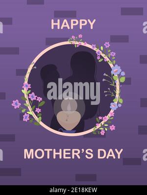 Karte für den internationalen Muttertag. Vektor-Illustration mit Text, Blumen und Grüße. Eine Frau hält ein kleines Mädchen in den Armen, Mutter und Tochter.Happy Mother s Day. Karte mit schöner Silhouette von Mutter und Baby, umgeben von Blumen. Flaches Design in zarten Lila- und Pink-Tönen. Vorlage für Werbung, Banner, Website oder Flyer. Stock Vektor