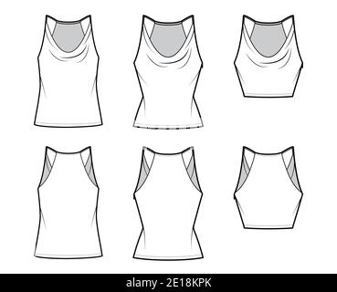 Set von Tanks Low-Cowl Crop Camisoles technische Mode Illustration mit dünnen verstellbaren Trägern, schlank, übergroße Passform, Taille, Crop-Länge. Flach nach außen oben Schablone vorne, hinten. Frauen Männer CAD Mockup Stock Vektor