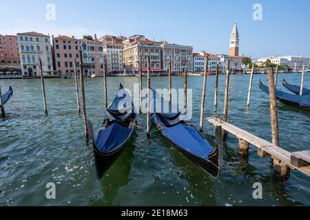 Gondeln am Canale Grande in Venedig mit dem berühmten Campanile im Hintergrund Stockfoto