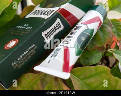 GOMEL, WEISSRUSSLAND - 5. JANUAR 2021: PRORASO Reparatur Gel. Proraso ist eine Marke für Körperpflege und Pflege, die dem italienischen Unternehmen Ludovico Martelli gehört. Stockfoto