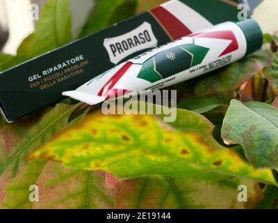 GOMEL, WEISSRUSSLAND - 5. JANUAR 2021: PRORASO Reparatur Gel. Proraso ist eine Marke für Körperpflege und Pflege, die dem italienischen Unternehmen Ludovico Martelli gehört. Stockfoto