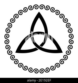 Triquetra, keltischer Dreiecksknoten in einem kreisförmigen Rahmen, der durch Doppelspiralen geformt ist. Korbwellenknoten, verwendet in der alten christlichen Verzierung. Stockfoto