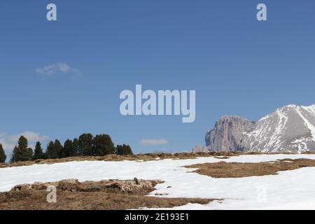 Blick auf die Berge über die seiser alm an einem sonnigen Tag Im Spätwinter mit schmelzendem Schnee Stockfoto