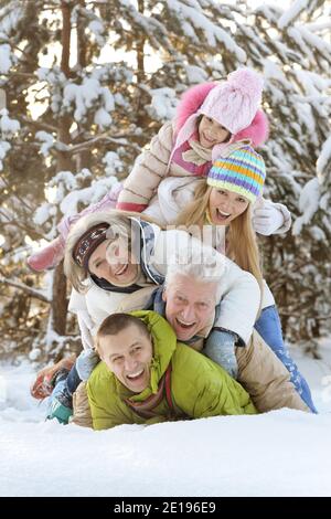 Große, glückliche Familie, Spaß im Winter Park bedeckt mit Schnee Stockfoto