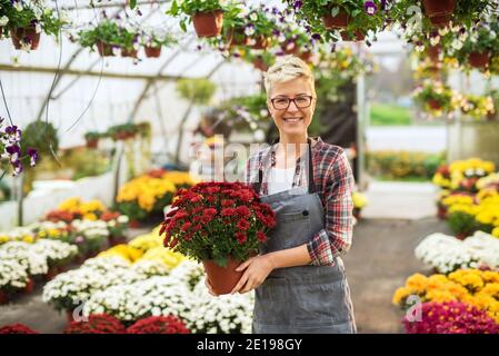 Liebenswert charmante glückliche kurze Haare blonde Frau posiert mit einem Blumentopf und roten Blumen, während im Blumenmarkt stehen. Stockfoto