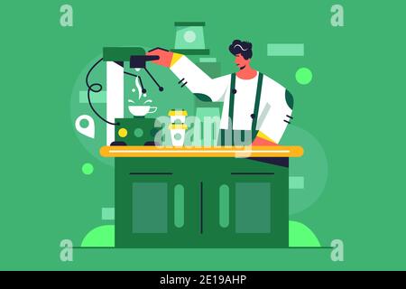 Der junge Mann arbeitet als Barista und macht Kaffee Stock Vektor