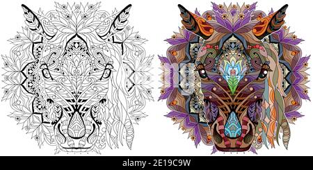 Pferdekopf zentangle gestylt mit Mandala für T-Shirt-Design, für Tattoo und andere Dekorationen. Farb- und Umrissset Stock Vektor