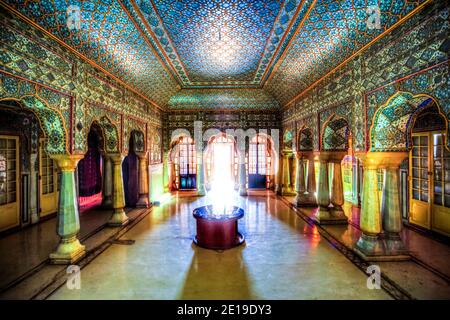 Shobha Nivas oder "Hall of Beauty" befindet sich im 4. Stock von Chandra Mahal, innerhalb Jaipur City Palace Complex, Rajasthan, Indien. Foto aufgenommen am 14. August Stockfoto