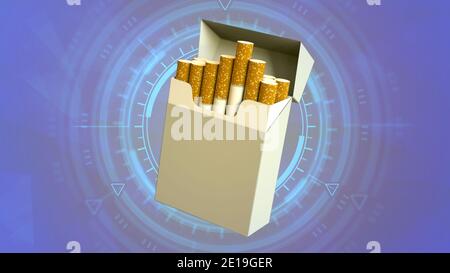 Zigarettenschachtel auf Cyber-Hintergrund - Schaden von Nikotin-Konzept, 3D-Illustration des Objekts Stockfoto