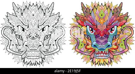 Kopf des Drachen mit Mandala zentangle für T-Shirt-Design, Tattoo und andere Dekorationen gestylt. Farb- und Umrissset Stock Vektor