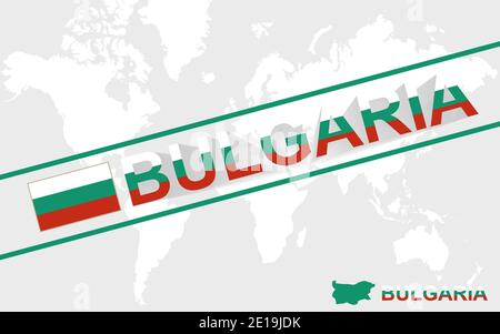 Bulgarien Karte Flagge und Text Illustration, auf Weltkarte Stock Vektor