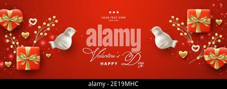 Horizontales Banner zum Valentinstag mit realistischen Porzellanvögeln und Geschenke Stock Vektor