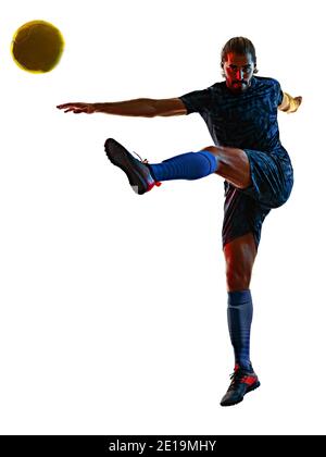 Ein junger kaukasischer Fußballspieler im Studio Silhouette Schatten isoliert Auf weißem Hintergrund Stockfoto