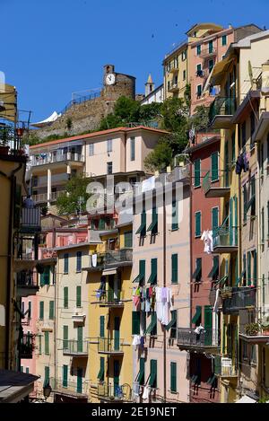 Typische Straße mit seinen bunten Fassaden des Dorfes Riomaggiore, eine Gemeinde in der Provinz La Spezia, in einem kleinen Tal in Ligurien gelegen Stockfoto