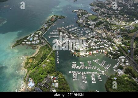 Guadeloupe: Luftaufnahme von Bas-du-Fort, Pointe a Pitre- Le Gosier Marina Stockfoto