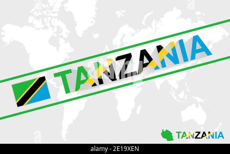 Tansania Karte Flagge und Text Illustration, auf Weltkarte Stock Vektor