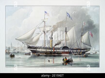 Das President Steam Ship. Nach einem Stich von R.G und A.W. Reeve erschien 1840 nach einem Gemälde von Samuel Walters. Der britische Passagierdampfer SS President war das größte Schiff der Welt. 1841 war sie mit allen an Bord auf See verloren Stockfoto