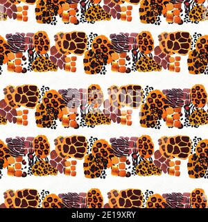 Wildtier-Mix nahtlose Muster. leopard, Zebra, Giraffe, Tiger und Gepard-Druck. Abstrakter Hintergrund. Mode Illustration. Stockfoto