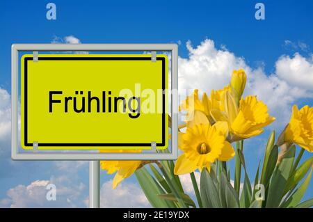 Verkehrsschild, 'Frühling', Übersetzung 'Frühling', 3d-Illustration Stockfoto