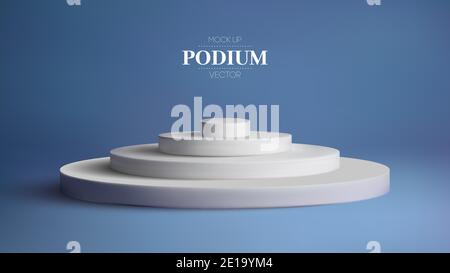 Flaches Mockup weißes Podium auf blauem Hintergrund. Minimaler Zylinder-Podium-Vektor. 3d Vektor kosmetischen Hintergrund Podium. Stock Vektor