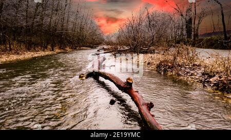 Feuer und Eis auf dem Bach in SW Missouri Stockfoto