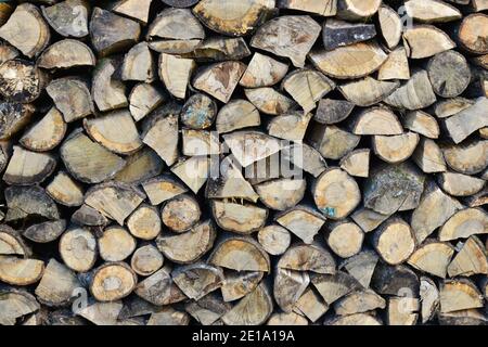 Ein Feuerholz Stapel Hintergrund befindet sich im Freien an sonnigen Tag Stockfoto