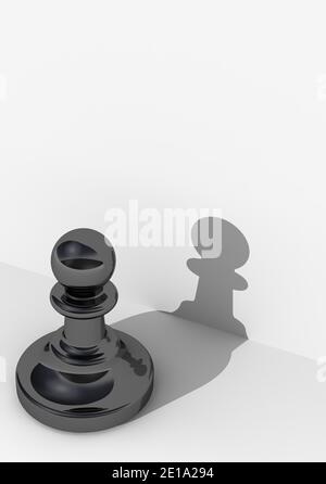 Schwarzer Bauer und sein Schatten. Ein schwarzer Bauer steht auf einer weißen Fläche in der Nähe einer Wand. 3D-Illustration Stockfoto