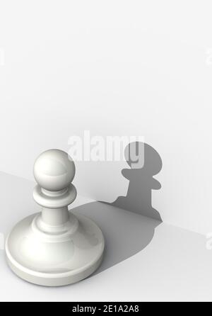 Weißer Bauer und sein Schatten. Ein weißer Bauer steht auf einer weißen Fläche nahe einer Wand. 3D-Illustration Stockfoto