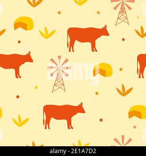 Nahtloses Muster Hintergrund mit Kuh und Käse - Vektor-Illustration in gelb und orange Farbe. Stock Vektor