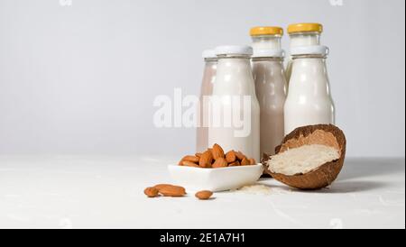 Eine Vielzahl von laktosefreier Milch aus Nüssen und Körnern in Glasflaschen. Veganes Konzept mit Haselnuss, Hafer, Kokosnuss, Mandel, Walnuss Stockfoto