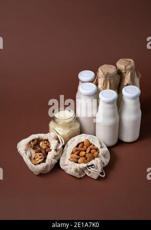 Eine Vielzahl von laktosefreier Milch aus Nüssen und Körnern in Glasflaschen. Veganes Konzept mit Haselnuss, Hafer, Kokosnuss, Mandel, Walnuss Stockfoto