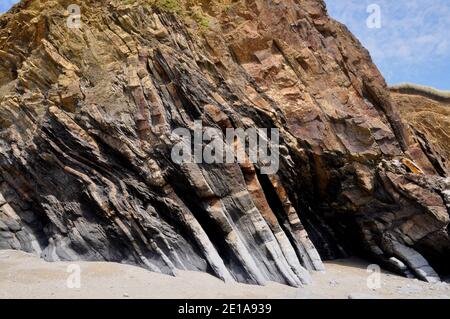 In der Nähe von vertikalen schrägen Felsschichten in der Nähe von Church Cove auf der Eidechse Halbinsel in Cornwall großbritannien Stockfoto