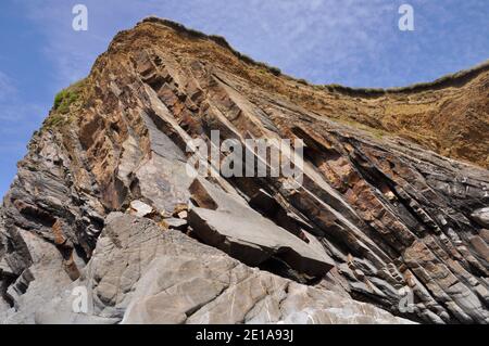 In der Nähe von vertikalen schrägen Felsschichten in der Nähe von Church Cove auf der Eidechse Halbinsel in Cornwall großbritannien Stockfoto