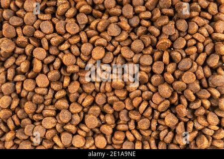 Trocken Haustier Nahrung Textur Hintergrund. Futter für Katzen und Hunde Muster. Haufen granulierter Tierfuttermittel. Granulat guter Ernährung für Hunde und Katzen Stockfoto