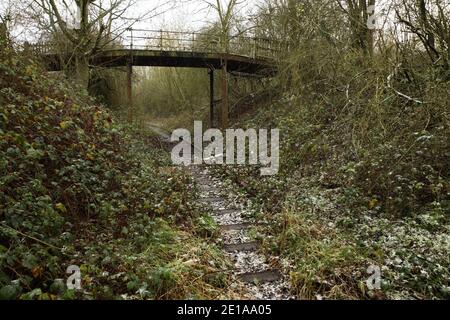 Fußgängerbrücke über das selten genutzte Stahlwerk Scunthorpe zur eingleisigen Mineraleisenbahnlinie Flixborough Wharf, Lincolnshire, Großbritannien. Stockfoto