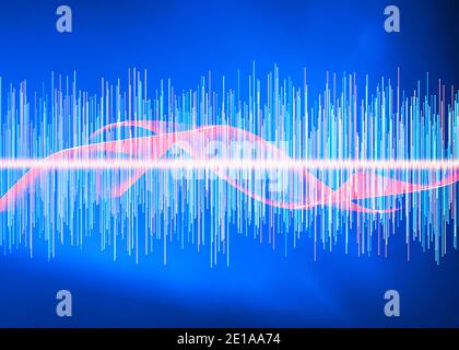 Schallwellen, digitaler Equalizer, Frequenzen. Musik und Radio, Klang der Stimme. Hören und Wahrnehmung von Schallwellen. Taubheit Stockfoto