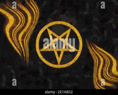 Invertiertes Pentagramm auf schwarzem Hintergrund. Abstrakte gelbe Streifen. Künstlerische Arbeit zum Thema Esoterik Stockfoto
