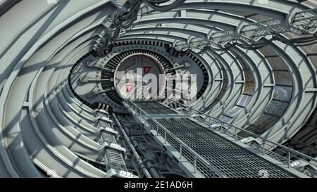 3D Illustration eines Brückentunnels für Raumschiffe oder futuristische Raumstationen, für Fantasy- oder Science-Fiction-Hintergründe. Stockfoto