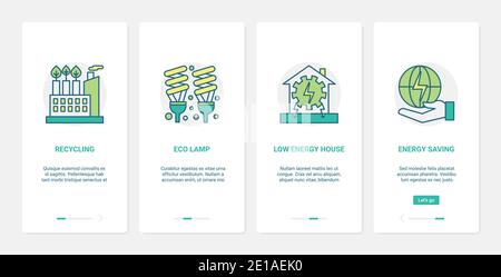 Eco Recycling-Technologie, um die Ökologie der Erde Vektordarstellung zu sparen. UX, UI Onboarding mobile App Seite Bildschirm mit Linie sparenden Umgebung mit Niedrigenergie Haus und elektrische Lampe Glühbirne Symbole gesetzt Stock Vektor
