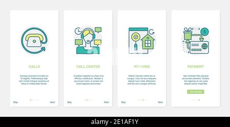 Online-Commerce, Call-Center-Kundendienst Vektor-Illustration. UX, UI Onboarding mobile App Seite Bildschirm mit Zeile Buchung Symbol, Zahlung für Zimmer oder Wohnung zu buchen, Hotelreservierung gesetzt Stock Vektor