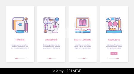 Online-Kurs, Fernunterricht Technologie Vektor Illustration. UX, UI Onboarding Mobile App Page Screen Set mit Line Learning und Training mit Webinar-Hörbüchern oder Internet Knowledge Symbolen Stock Vektor