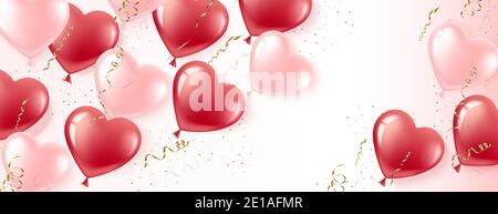 Horizontales Banner aus rosa und roten herzförmigen Ballons auf weißem Hintergrund. Goldene Ballons und Konfetti. Karte für Valentinstag und Frauentag. Stock Vektor
