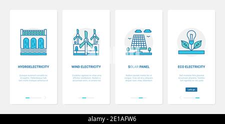 Vektor-Illustration für umweltverträgliche Ressourcentechnologie. UX, UI Onboarding mobile App Seite Screen Set mit Linie Solarpanel, Windstrom mit Turbine Windmühle, Wasserkraftwerk Stock Vektor