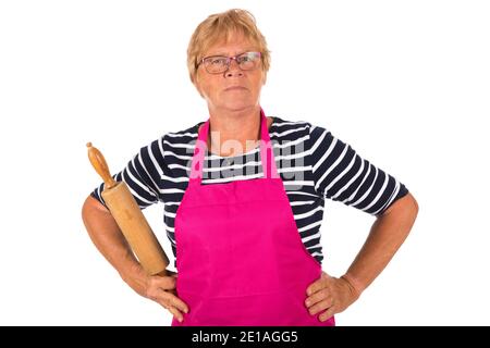 Sehr verärgerte ältere Frau mit Nadelrolle isoliert über weiß Hintergrund Stockfoto