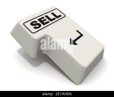 Die Eingabetaste der Tastatur mit der Bezeichnung SELL. Computer Enter-Taste der Tastatur mit schwarzem Wort VERKAUFEN isoliert auf weißem Hintergrund. 3D-Illustration Stockfoto