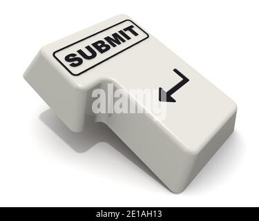 Die Eingabetaste mit der Bezeichnung „SUBMIT Word“. Computer Enter-Taste mit schwarzem Wort SENDEN isoliert auf weißem Hintergrund. 3D-Illustration Stockfoto