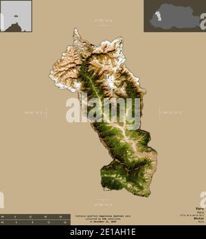 Paro, Bezirk von Bhutan. Sentinel-2 Satellitenbilder. Form isoliert auf durchgehenden Hintergrund mit informativen Überlagerungen. Enthält modifizierte Copernicus Sen Stockfoto